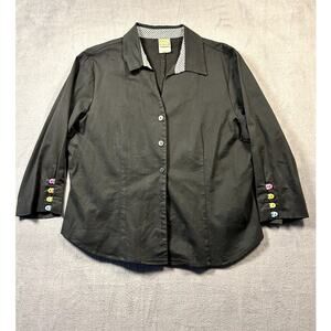 Pine Cove Size 14 Black Colorful Button Cuff 3/4 Sleeve Collard Blouse Top Shirt